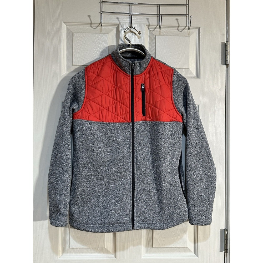 Zyia Active Gray Marl Quilted Red Chest Full Zip Sweater Jacket Small
